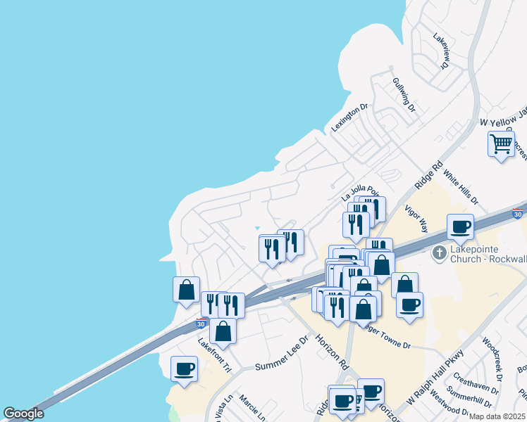 map of restaurants, bars, coffee shops, grocery stores, and more near 3505 Augusta Trail in Rockwall