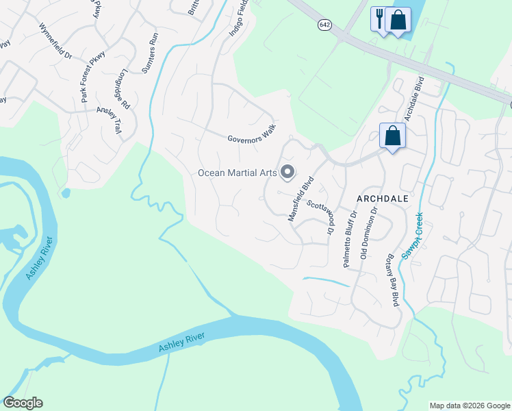 map of restaurants, bars, coffee shops, grocery stores, and more near 5464 Roxbury Drive in Charleston