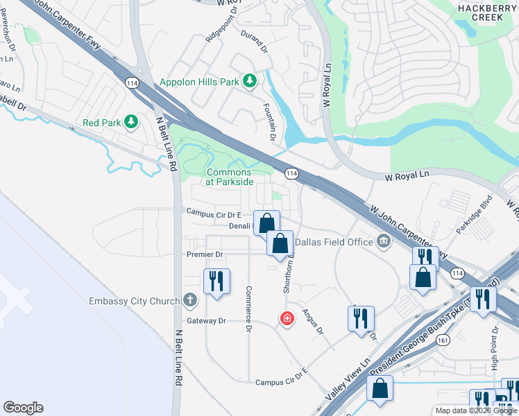 map of restaurants, bars, coffee shops, grocery stores, and more near 2 Prospect Way in Irving