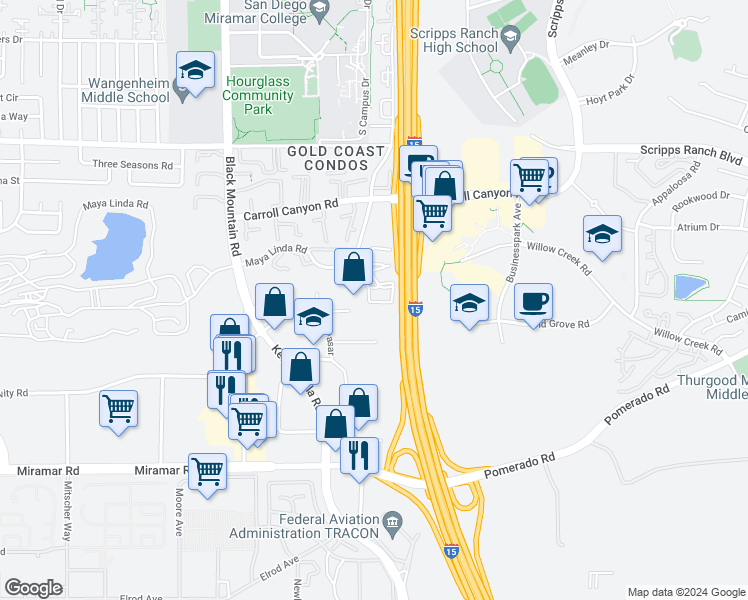 map of restaurants, bars, coffee shops, grocery stores, and more near 9785 Mesa Springs Way in San Diego