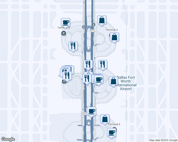 map of restaurants, bars, coffee shops, grocery stores, and more near 2400 Aviation Drive in DFW Airport