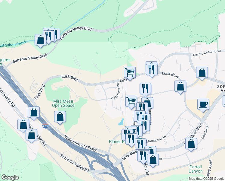 map of restaurants, bars, coffee shops, grocery stores, and more near 10221 Wateridge Circle in San Diego