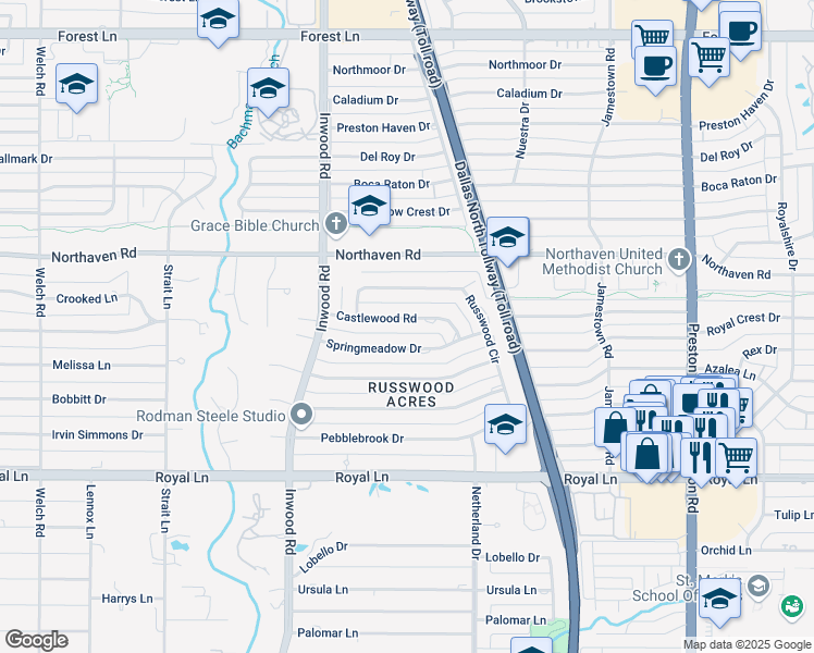 map of restaurants, bars, coffee shops, grocery stores, and more near 5411 Springmeadow Drive in Dallas