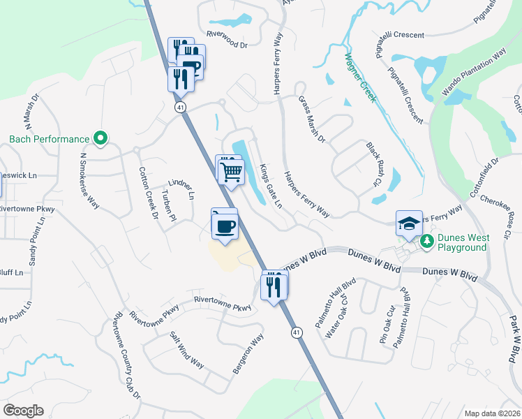 map of restaurants, bars, coffee shops, grocery stores, and more near 2109 Kings Gate Lane in Mount Pleasant