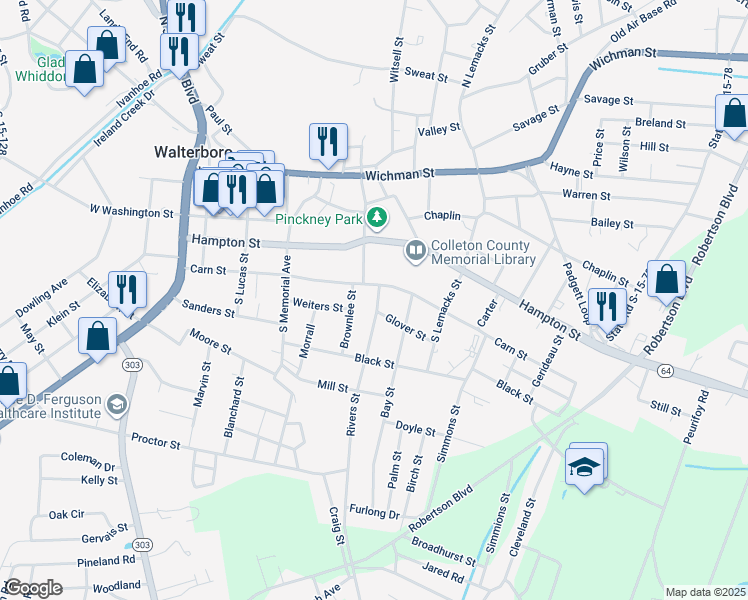 map of restaurants, bars, coffee shops, grocery stores, and more near 111 Brownlee Street in Walterboro