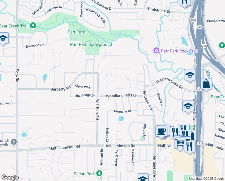 map of restaurants, bars, coffee shops, grocery stores, and more near 2946 Woodland Hills Drive in Grapevine