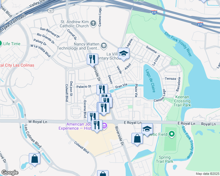 map of restaurants, bars, coffee shops, grocery stores, and more near Gran Via in Irving