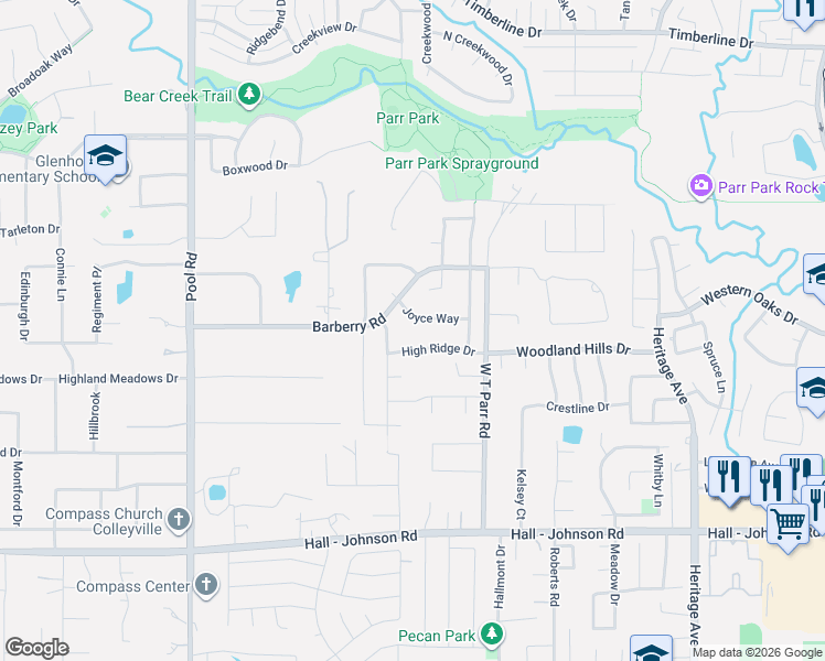 map of restaurants, bars, coffee shops, grocery stores, and more near 3064 High Ridge Drive in Grapevine