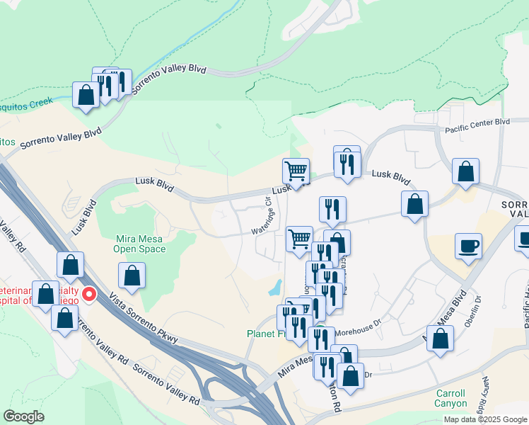 map of restaurants, bars, coffee shops, grocery stores, and more near 10201 Wateridge Circle in San Diego