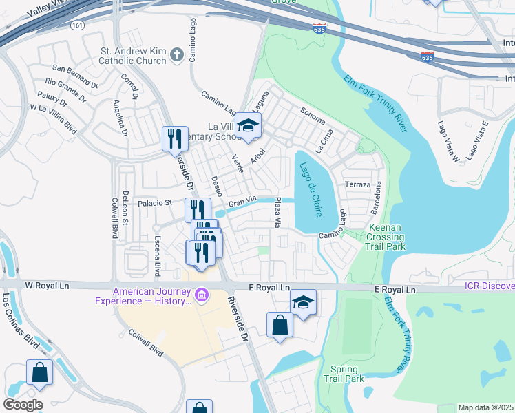 map of restaurants, bars, coffee shops, grocery stores, and more near 6616 Deseo in Irving