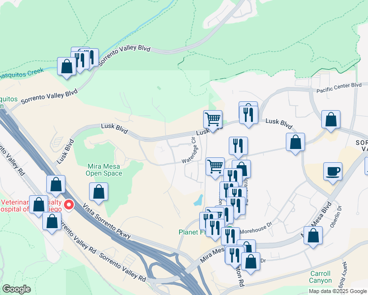 map of restaurants, bars, coffee shops, grocery stores, and more near 10201 Wateridge Circle in San Diego