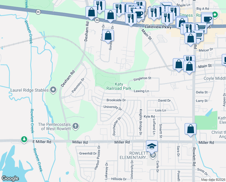 map of restaurants, bars, coffee shops, grocery stores, and more near 2414 Cortland Circle in Rowlett