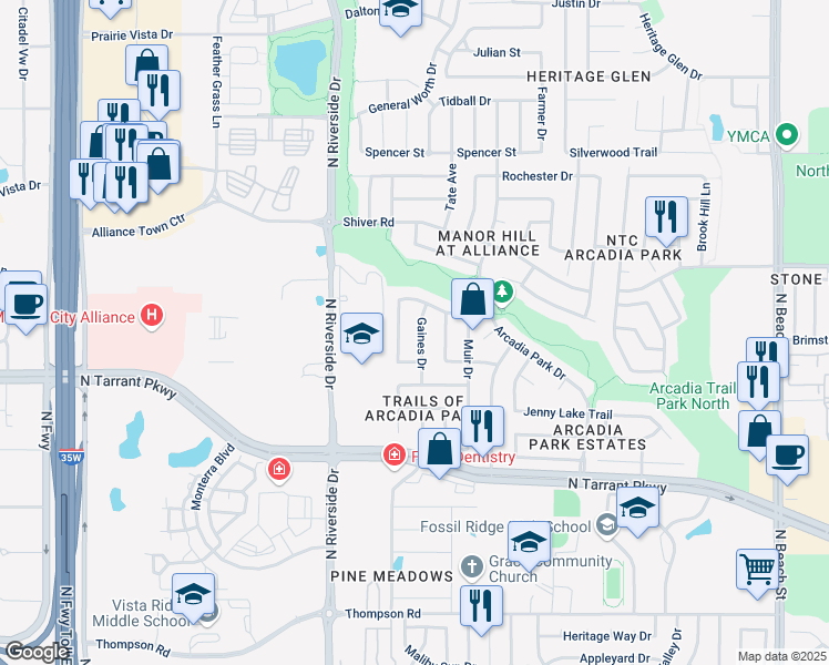 map of restaurants, bars, coffee shops, grocery stores, and more near 8713 Gaines Drive in Fort Worth
