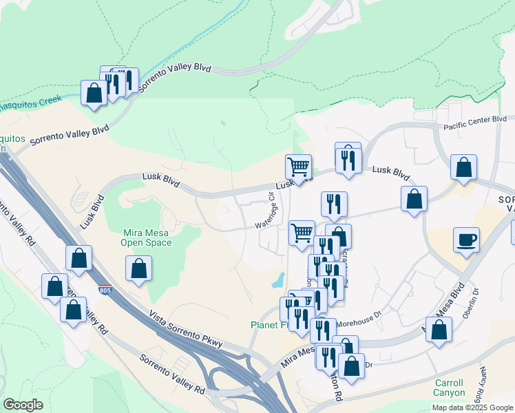 map of restaurants, bars, coffee shops, grocery stores, and more near 10221 Wateridge Circle in San Diego