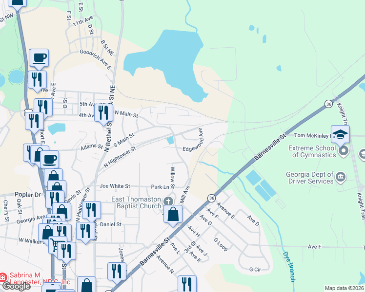 map of restaurants, bars, coffee shops, grocery stores, and more near 42 Edgewood Avenue in Thomaston