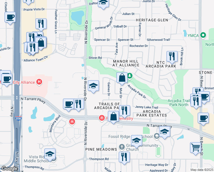 map of restaurants, bars, coffee shops, grocery stores, and more near 8713 Gaines Drive in Fort Worth