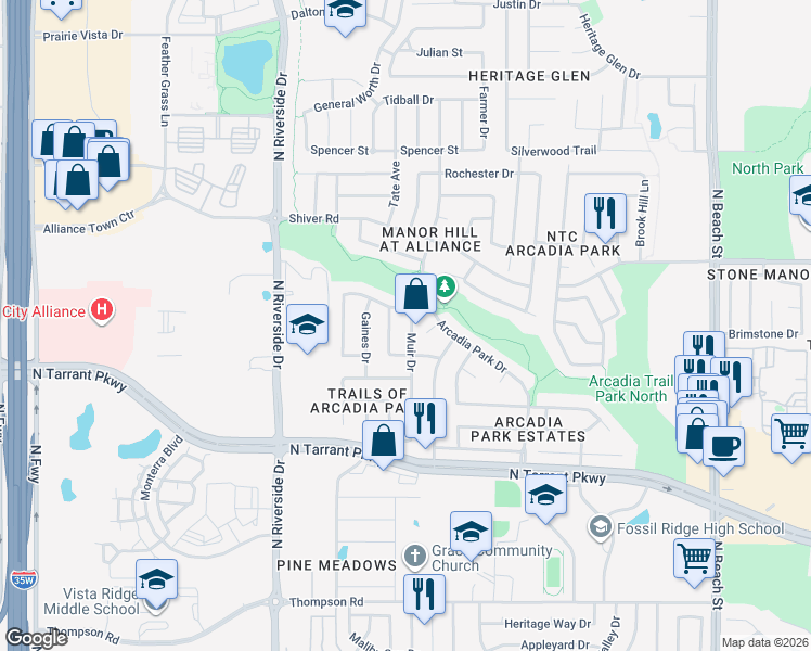 map of restaurants, bars, coffee shops, grocery stores, and more near 8725 Muir Drive in Fort Worth