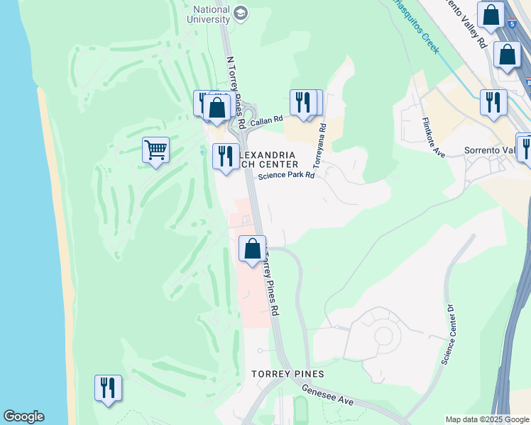 map of restaurants, bars, coffee shops, grocery stores, and more near 10901 North Torrey Pines Road in San Diego