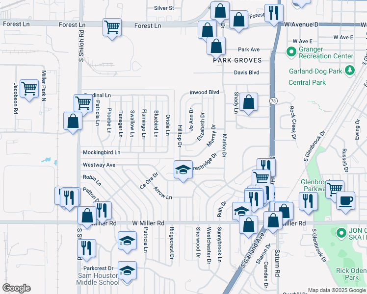 map of restaurants, bars, coffee shops, grocery stores, and more near 1713 Hilltop Drive in Garland