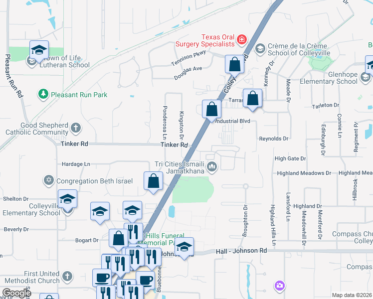 map of restaurants, bars, coffee shops, grocery stores, and more near 6222 Colleyville Boulevard in Colleyville