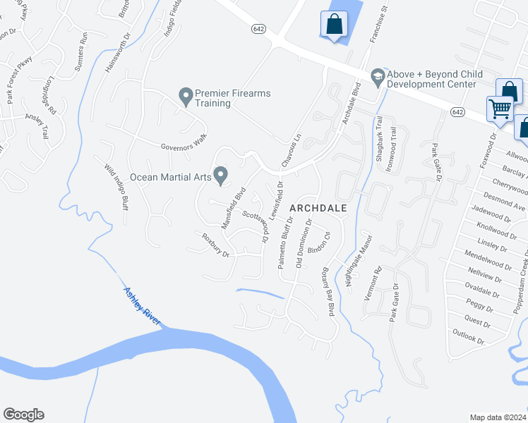 map of restaurants, bars, coffee shops, grocery stores, and more near 102 Gatewood Street in North Charleston