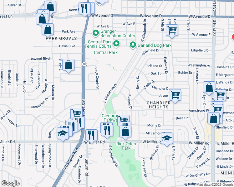 map of restaurants, bars, coffee shops, grocery stores, and more near 1405 Edgefield Drive in Garland