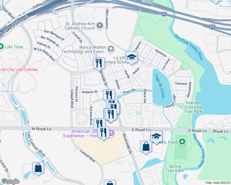 map of restaurants, bars, coffee shops, grocery stores, and more near 6727 Deseo in Irving