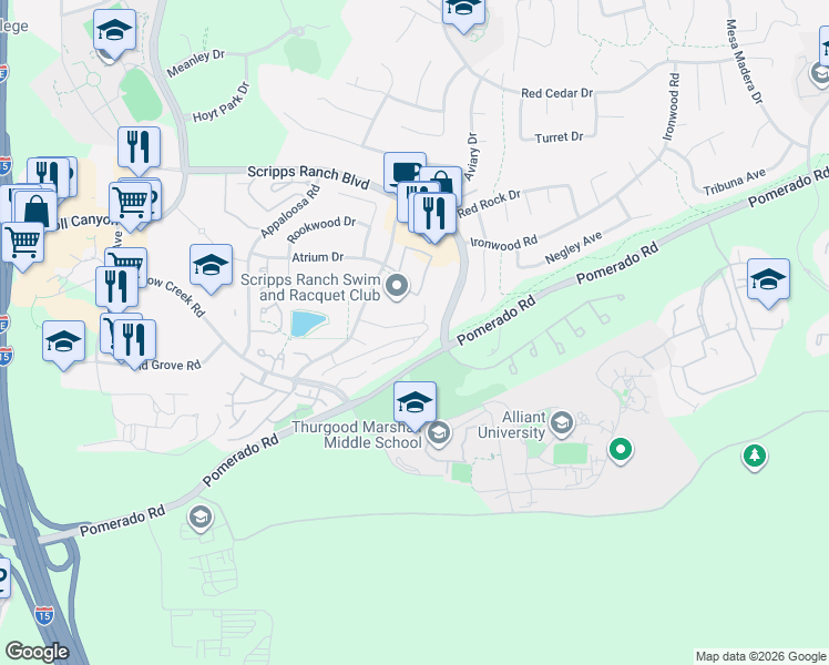 map of restaurants, bars, coffee shops, grocery stores, and more near 10595 Caminito Banyon in San Diego