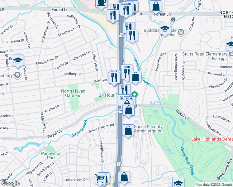 map of restaurants, bars, coffee shops, grocery stores, and more near 7937 Royal Lane in Dallas