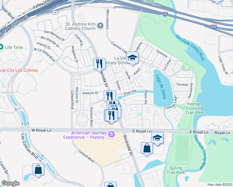 map of restaurants, bars, coffee shops, grocery stores, and more near 6719 Gran Via in Irving