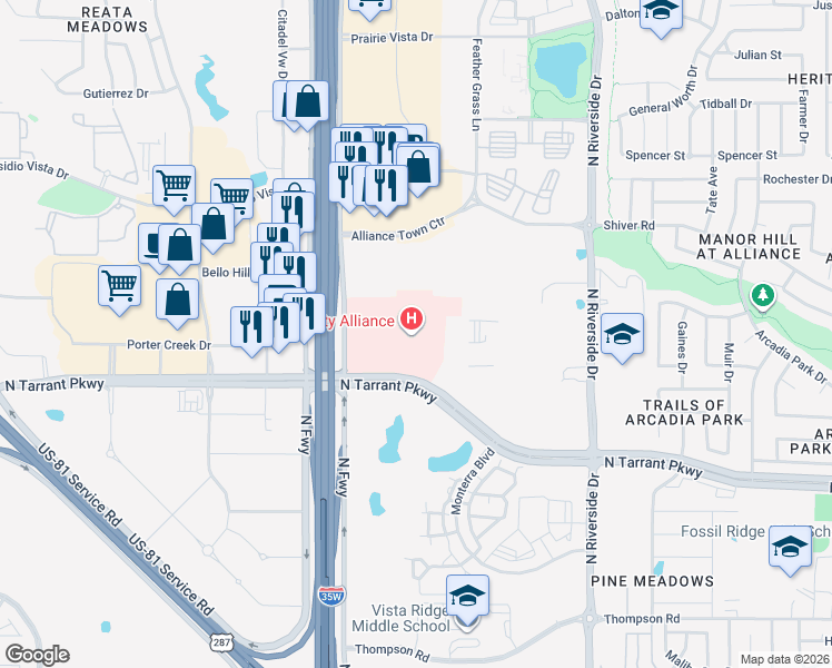 map of restaurants, bars, coffee shops, grocery stores, and more near North Tarrant Parkway in Fort Worth