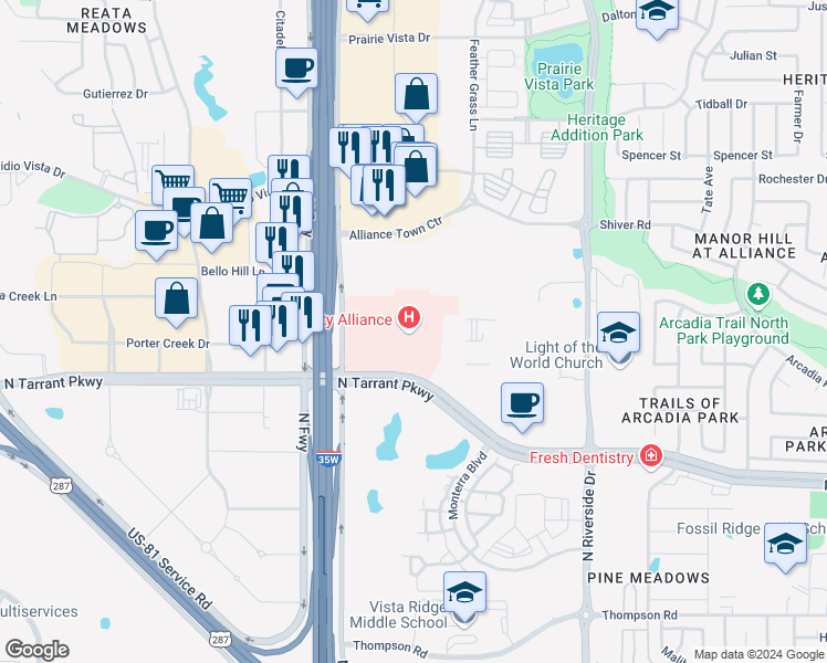 map of restaurants, bars, coffee shops, grocery stores, and more near 3101 North Tarrant Parkway in Fort Worth