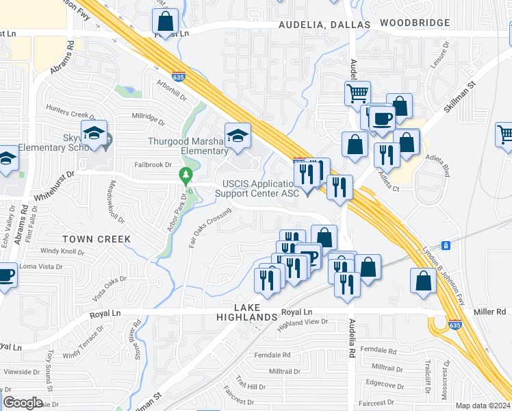 map of restaurants, bars, coffee shops, grocery stores, and more near 9850 Whitehurst Drive in Dallas