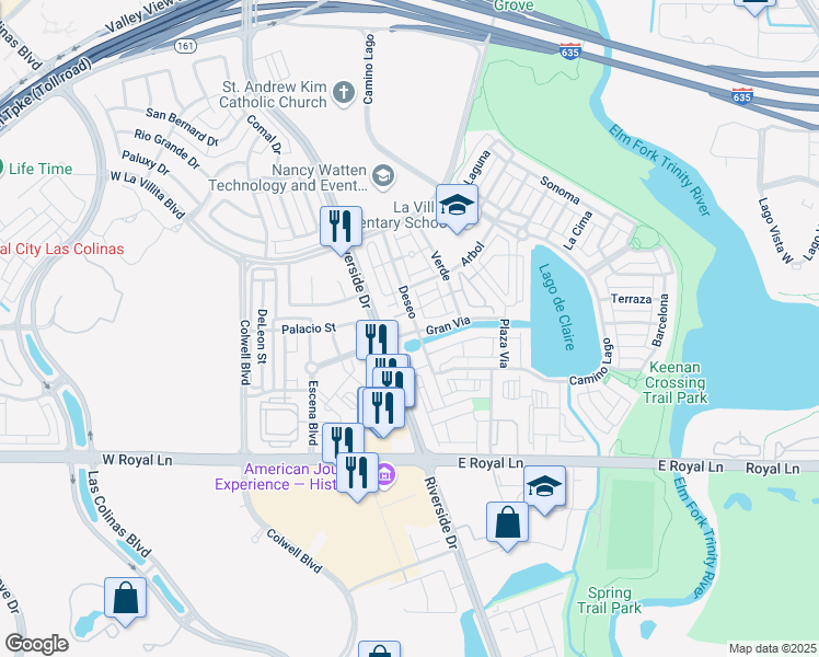 map of restaurants, bars, coffee shops, grocery stores, and more near 6719 Gran Via in Irving