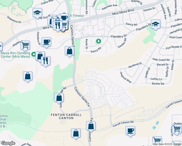 map of restaurants, bars, coffee shops, grocery stores, and more near 8025 Silvercrest Way in San Diego