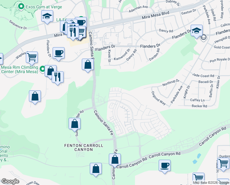 map of restaurants, bars, coffee shops, grocery stores, and more near 10211 Camino Santa Fe in San Diego