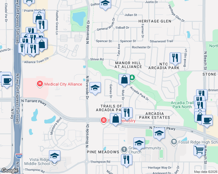 map of restaurants, bars, coffee shops, grocery stores, and more near 8713 Gaines Drive in Fort Worth