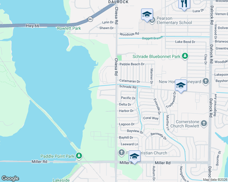 map of restaurants, bars, coffee shops, grocery stores, and more near 4117 Mediterranean Drive in Rowlett