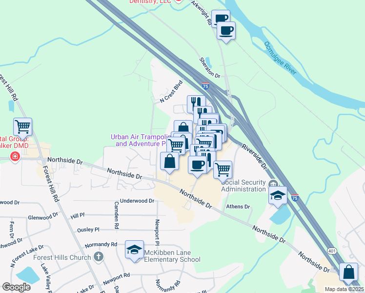 map of restaurants, bars, coffee shops, grocery stores, and more near 156 Tom Hill Sr Boulevard in Macon