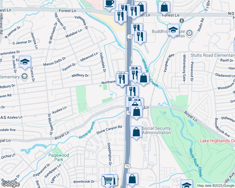 map of restaurants, bars, coffee shops, grocery stores, and more near 11108 Valleydale Drive in Dallas