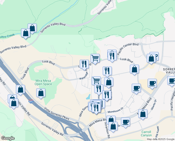 map of restaurants, bars, coffee shops, grocery stores, and more near 10201 Wateridge Circle in San Diego