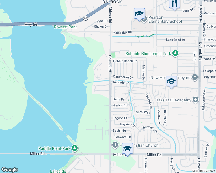 map of restaurants, bars, coffee shops, grocery stores, and more near 4117 Mediterranean Drive in Rowlett