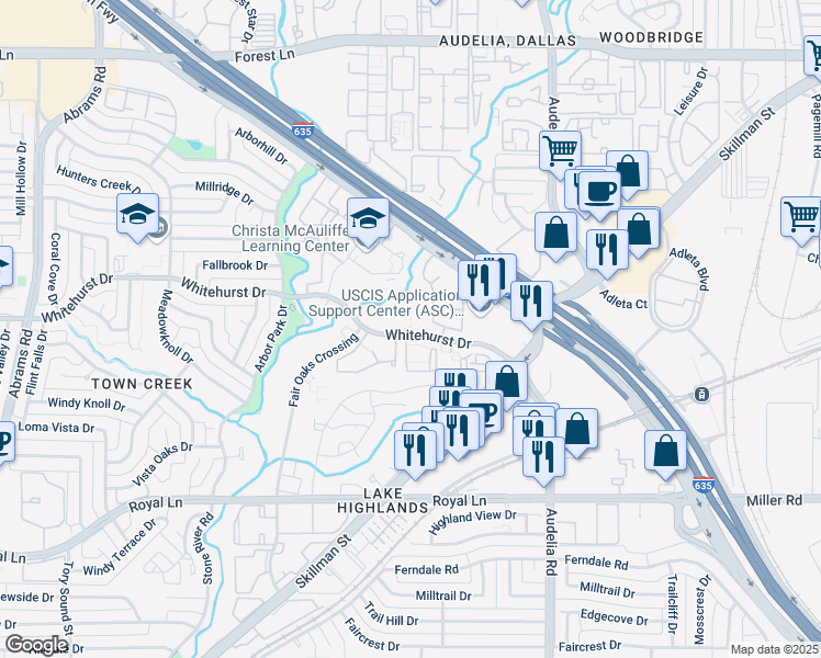 map of restaurants, bars, coffee shops, grocery stores, and more near 10010 Whitehurst Drive in Dallas