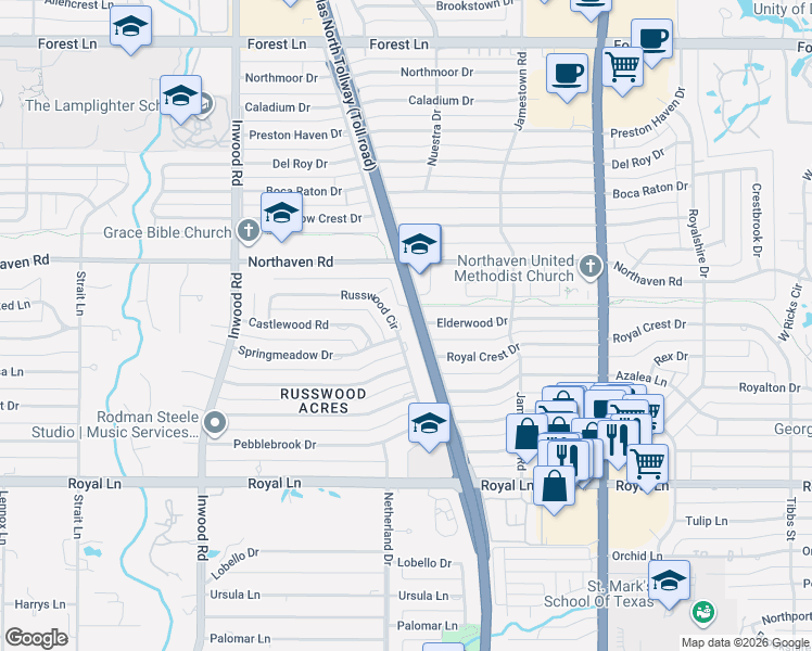 map of restaurants, bars, coffee shops, grocery stores, and more near 11120 Russwood Circle in Dallas