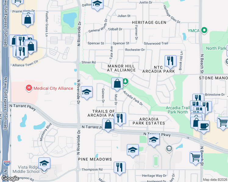 map of restaurants, bars, coffee shops, grocery stores, and more near 8713 Muir Drive in Fort Worth