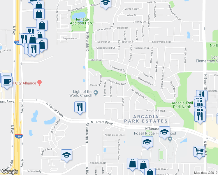 map of restaurants, bars, coffee shops, grocery stores, and more near 8713 Gaines Drive in Fort Worth