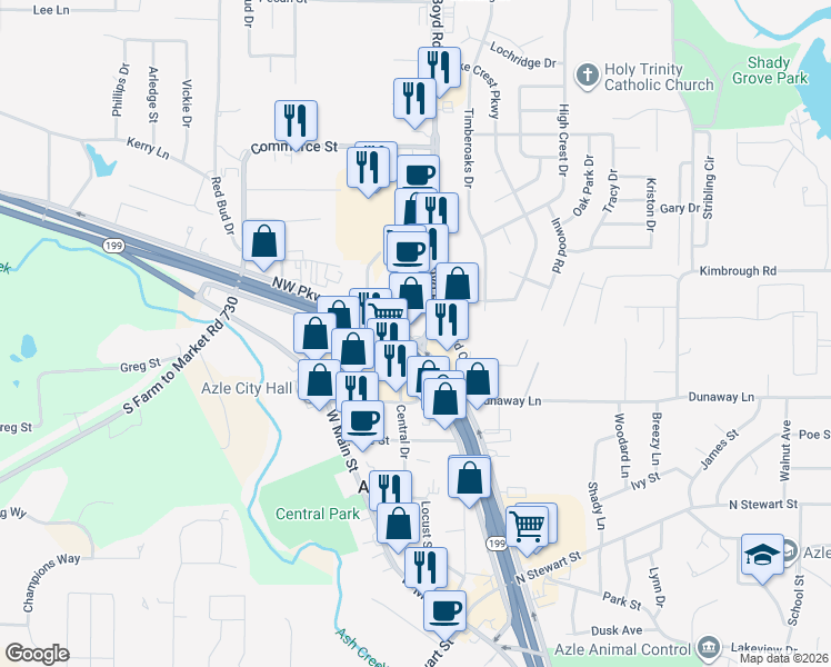 map of restaurants, bars, coffee shops, grocery stores, and more near Jacksboro Hwy in Azle
