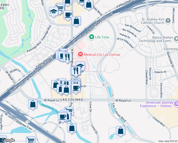 map of restaurants, bars, coffee shops, grocery stores, and more near Fluor in Irving