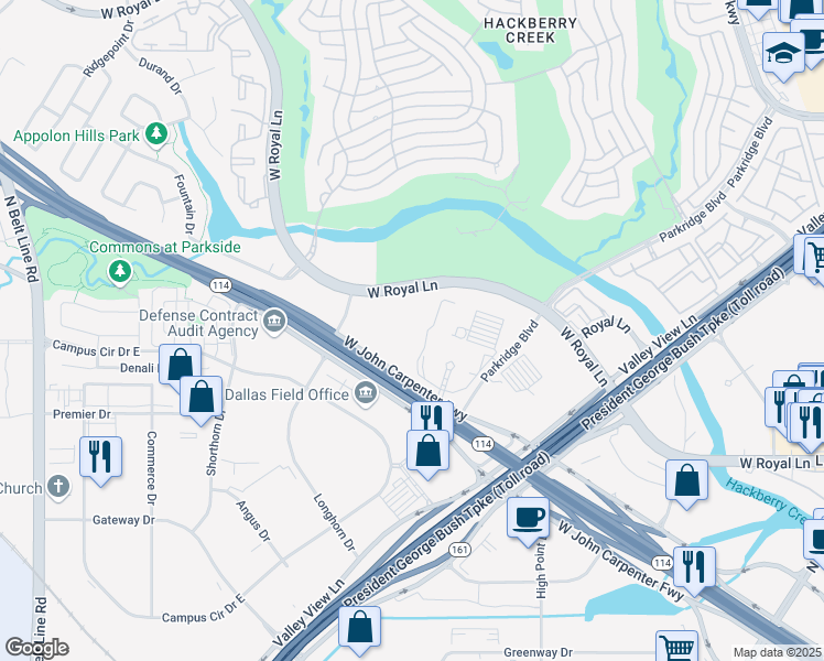 map of restaurants, bars, coffee shops, grocery stores, and more near 2001 West John W Carpenter Freeway in Irving