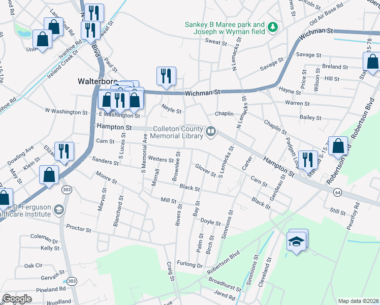 map of restaurants, bars, coffee shops, grocery stores, and more near 111 Brownlee Street in Walterboro